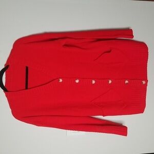 Womens Red Cardigan v neck drop shoulder mid length sweater